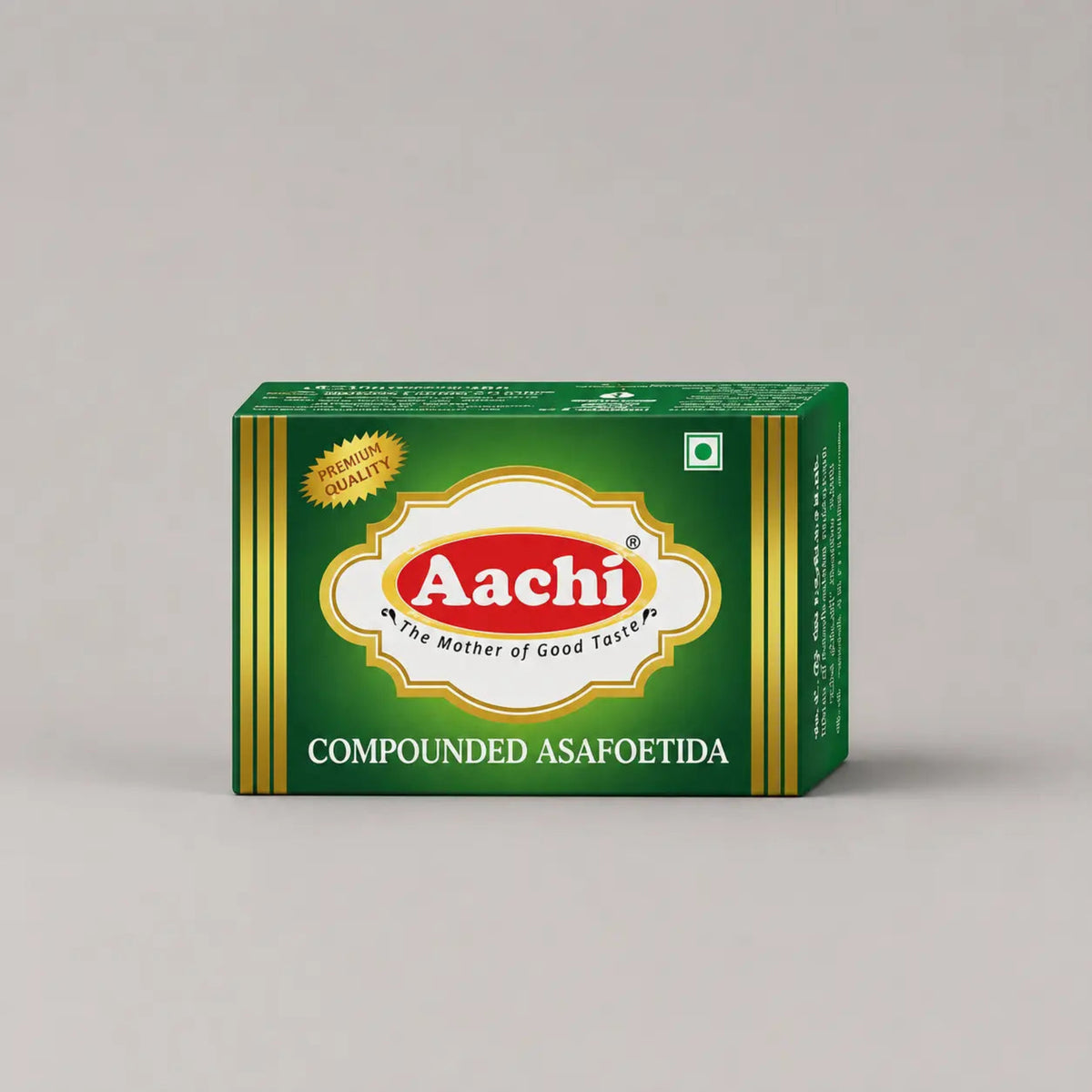 Aachi compounded asafoetida packaging on a gray background