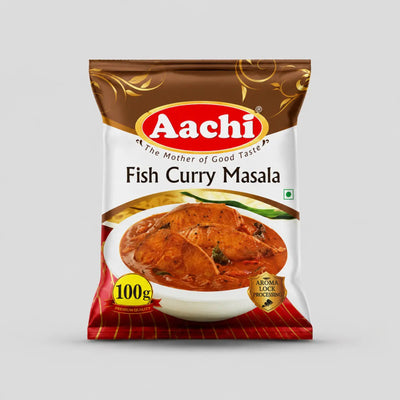 Aachi Fish Curry Masala packaging on a white background