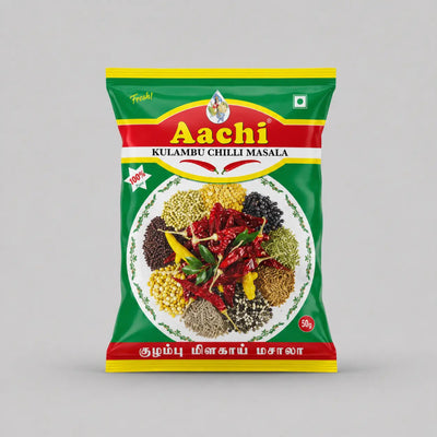 Aachi Kulambu Chilli Masala packaging on a gray background