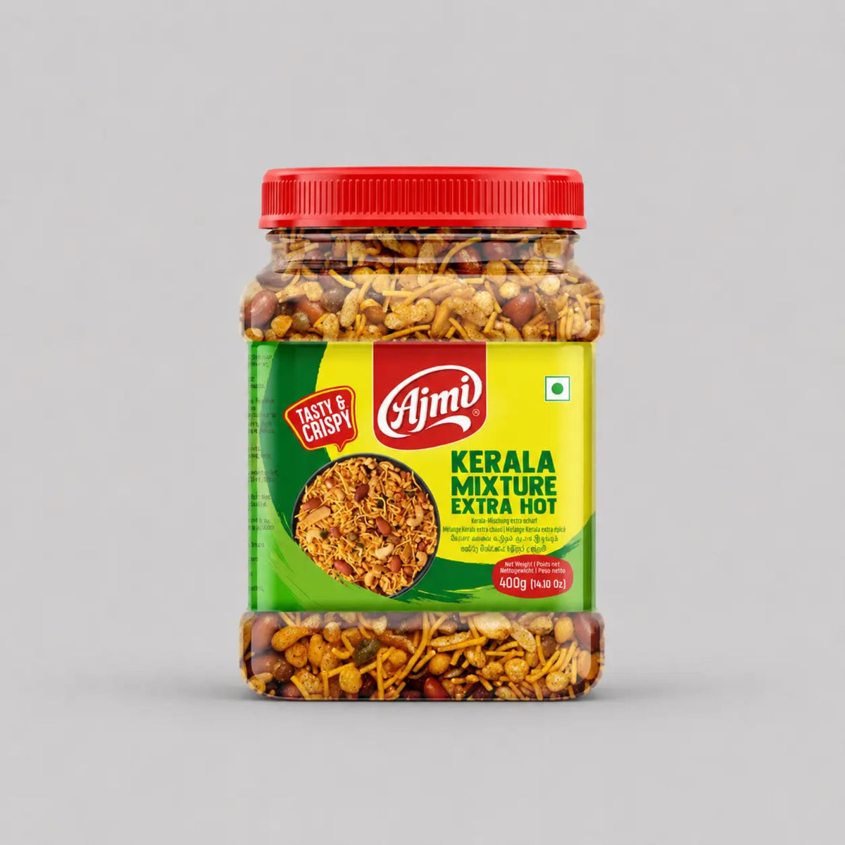 Jar of Ajmi Kerala Mixture Extra Hot on a gray background