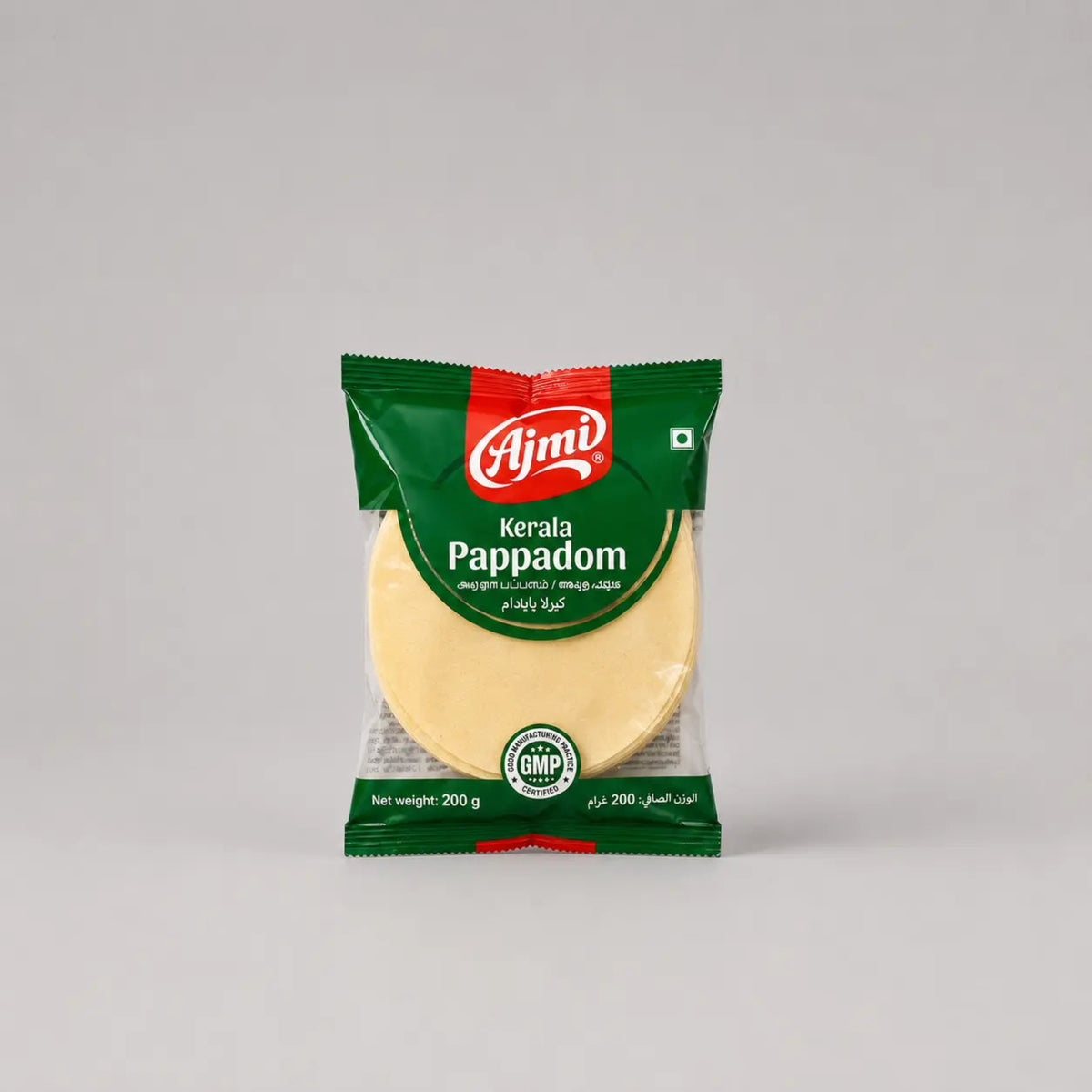 Packaged Kerala Pappadom with Ajmi branding on a gray background