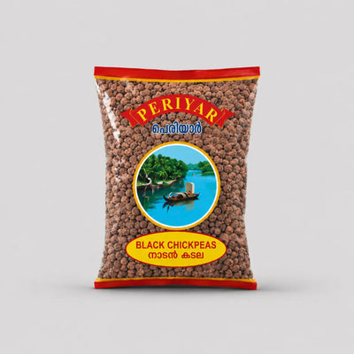 Bag of Periyar Black Chickpeas on a gray background