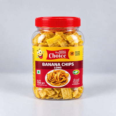 A clear plastic jar of Premium Choice Banana Chips Long, filled with golden-brown potato chips and topped with a bright red lid, set against a neutral light gray background.
