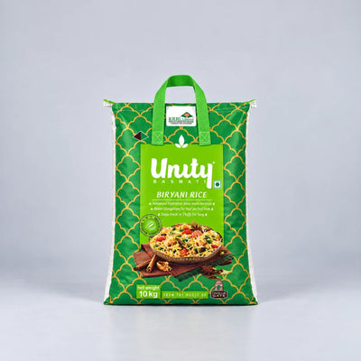 A 10 kg bag of Unity Harvests Biryanis Rice, featuring a green and gold patterned design with a central green label showing a prepared biryani dish.