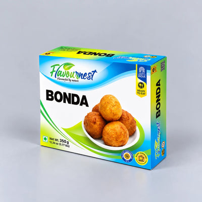 A 350g box of Flavournest Bonda, showing golden-brown fried fritters on a white plate against a clean light gray background.