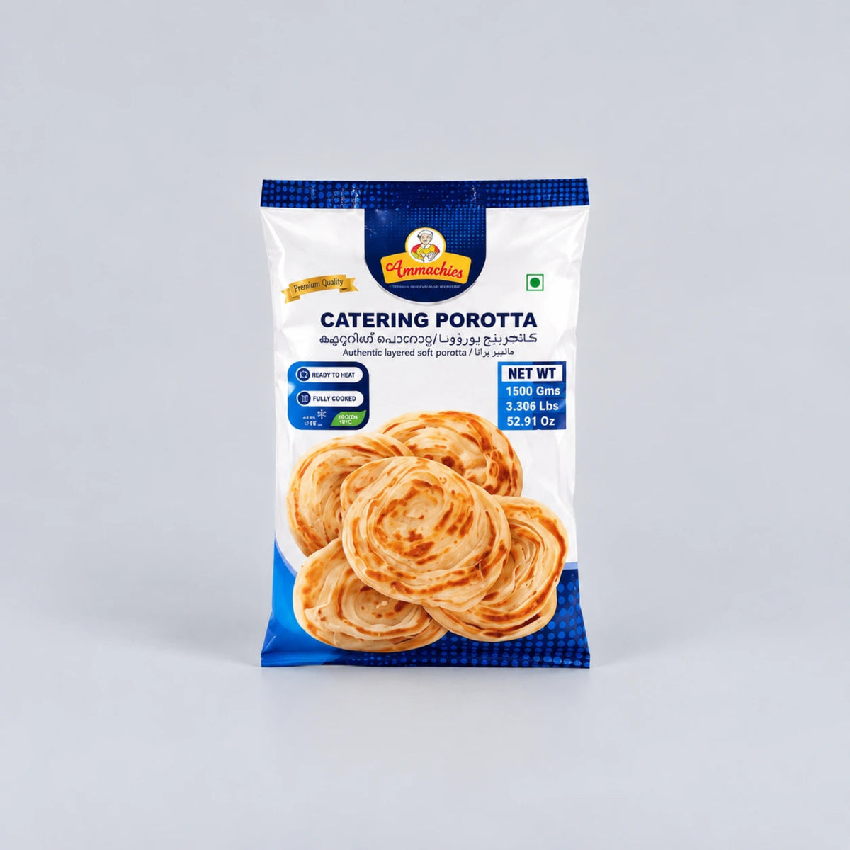 A package of Pamidha Catering Porotta, featuring a white and blue bag with a photo of golden-brown flatbreads on the front, set against a neutral light gray background.