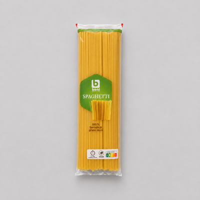 A package of bent brand spaghetti, showing the yellow pasta inside a clear plastic wrapper with a green brand label, centered on a light gray background.