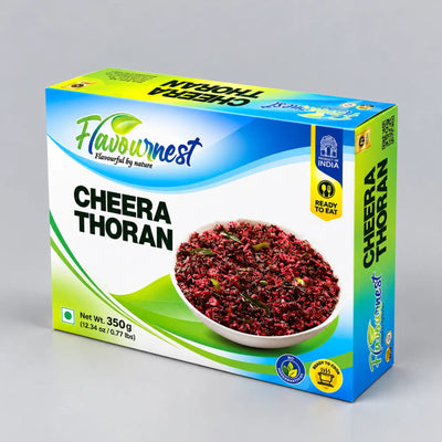 A 350g box of Flavournest Cheera Thoran, featuring a blue, white, and green packaging design with a bowl of the dark red chera thoran mixture visible on the front.