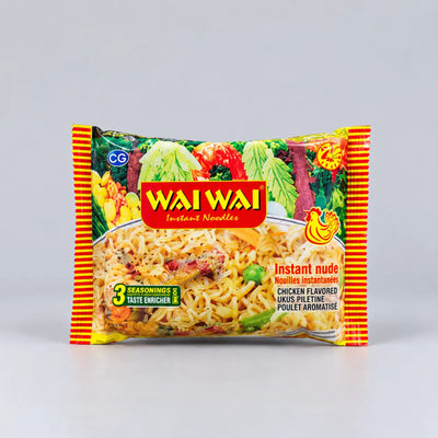 A package of Wai Wai Instant Noodles, Chicken Flavored, in its original packaging. The packaging features a colorful design with illustrations of vegetables, a bowl of noodles, and a yellow chicken graphic, set against a plain light gray background.