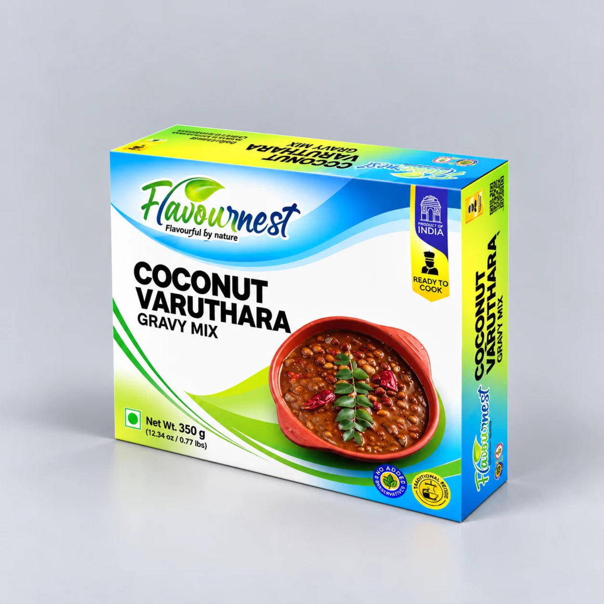 A box of Flavournest Coconut Varuthara Gravy Mix, 350g, displayed on a light gray background. The packaging features a white, blue, and green design with an illustration of the prepared coconut curry dish.