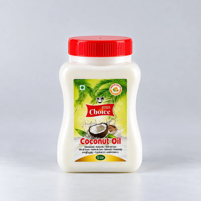 A 1-liter plastic bottle of Choice Brand Coconut Oil with a red cap and a green and yellow label, set against a plain light gray background.