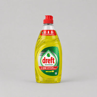 A bottle of Dreft QuickWash dishwashing liquid with yellow-green liquid inside, a red cap, and a green and red label, centered on a light gray background.