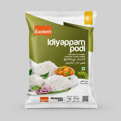 Packaging of Eastern Idiyappam podi on a gray background