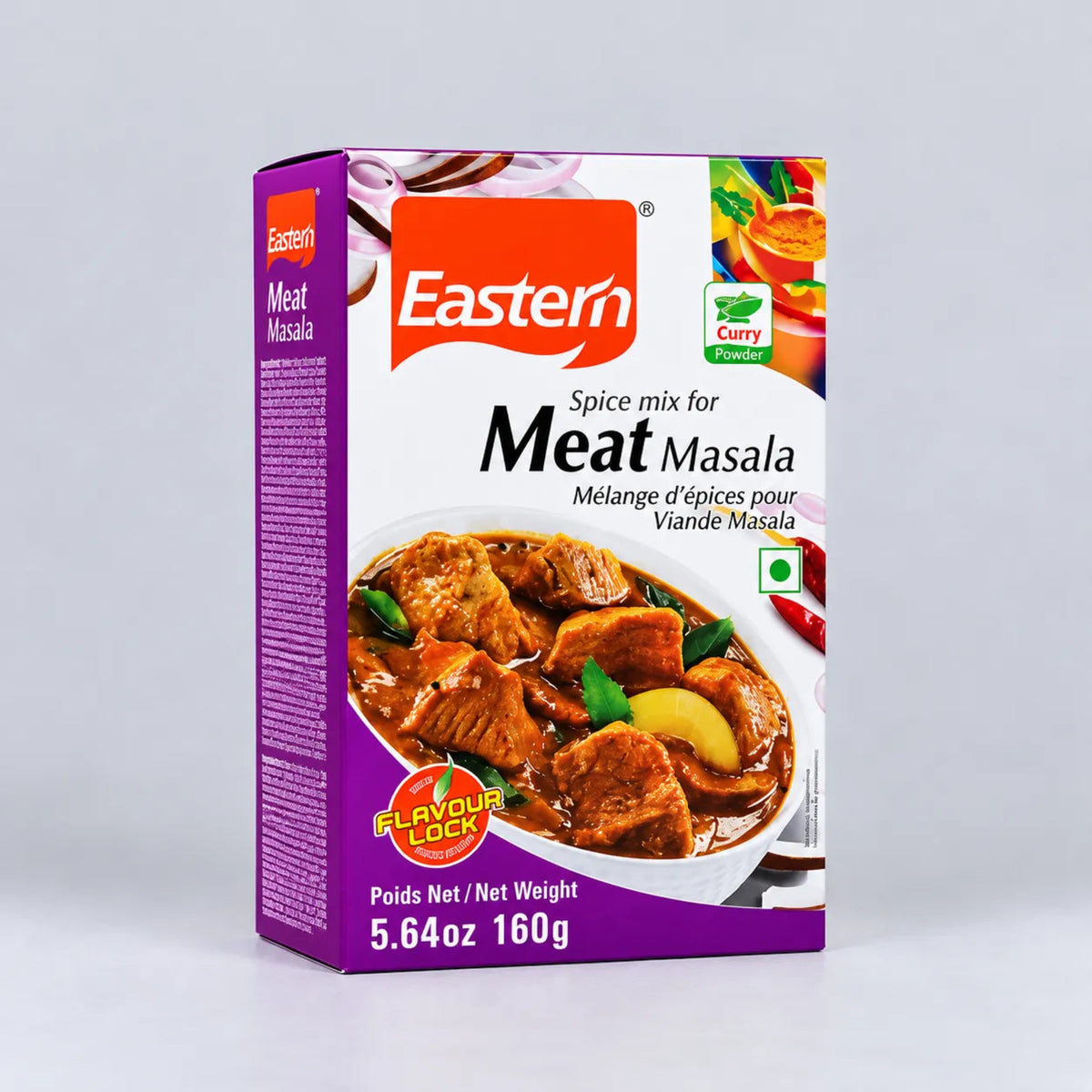 A box of Eastern Spice Mix for Meat Masala, featuring a purple and white packaging design with an image of cooked meat in a curry sauce.