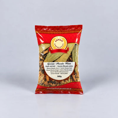 A 300g bag of German Masala Spice by Brand Food Grosshandel, featuring a red and gold package with a clear window showing the mixed spices inside.