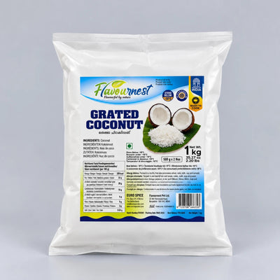 A 1 kg white plastic bag of Flavournest Grated Coconut, featuring a blue and green label with an illustration of a coconut and shredded white coconut flakes, set against a light gray background.