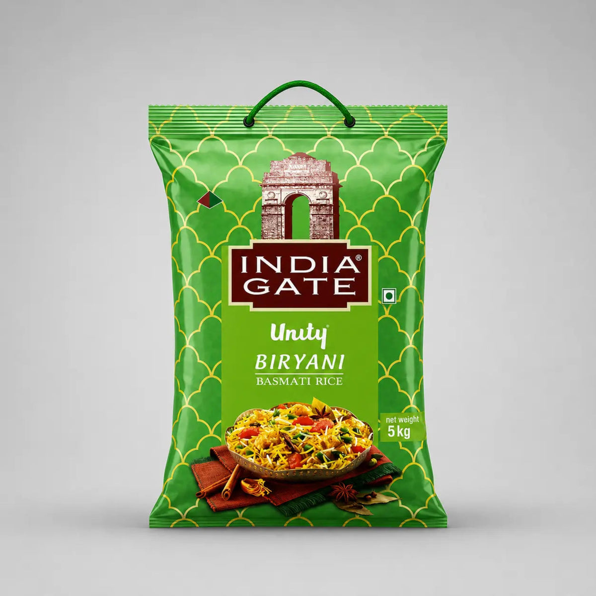 Green package of India Gate Unity Biryani Basmati Rice on a gray background