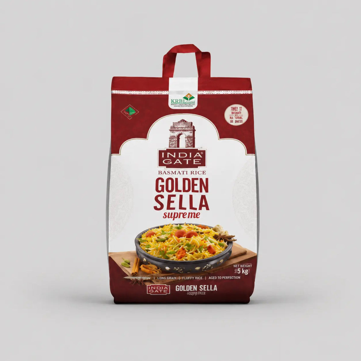 Bag of India Gate Golden Sella supreme basmati rice on a gray background