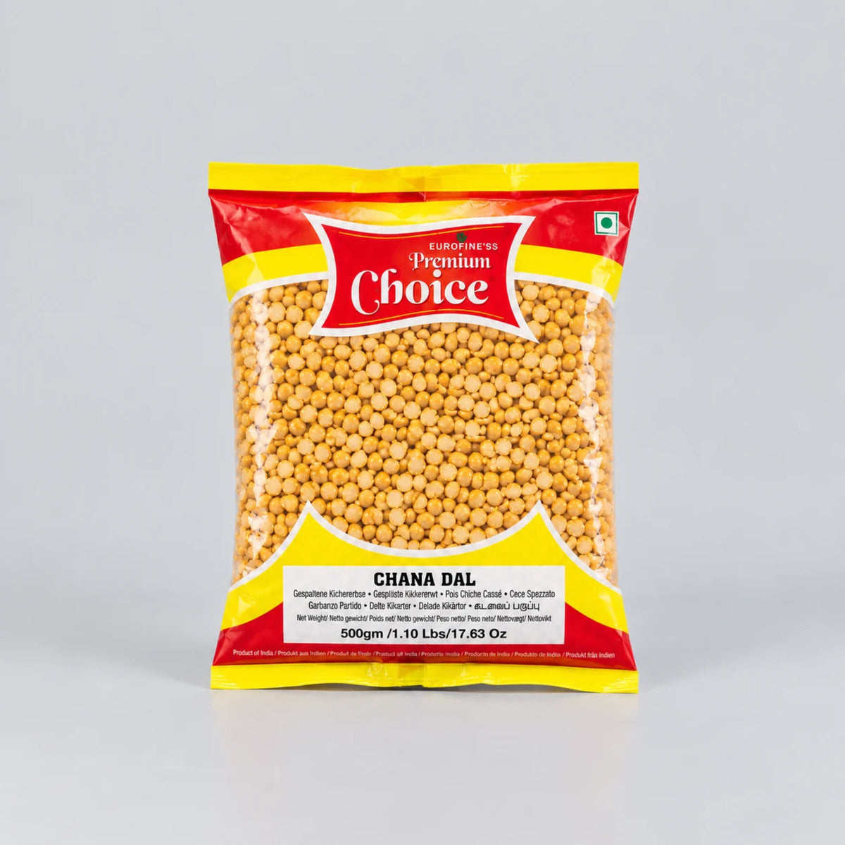 A 500g bag of European's Premium Choice Chana Dal (split soybeans) on a light gray background.
