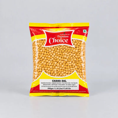 A 500g bag of European's Premium Choice Chana Dal (split soybeans) on a light gray background.