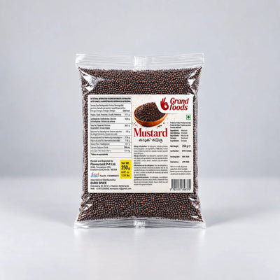 A 450g bag of 6 Grand Foods mustard seeds, shown in a clear plastic bag against a light gray background.