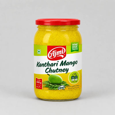 A 400g glass jar of Hjmi Kanthari Mango Chutney with a bright red lid and a white, green, and yellow label, set against a neutral light gray background.