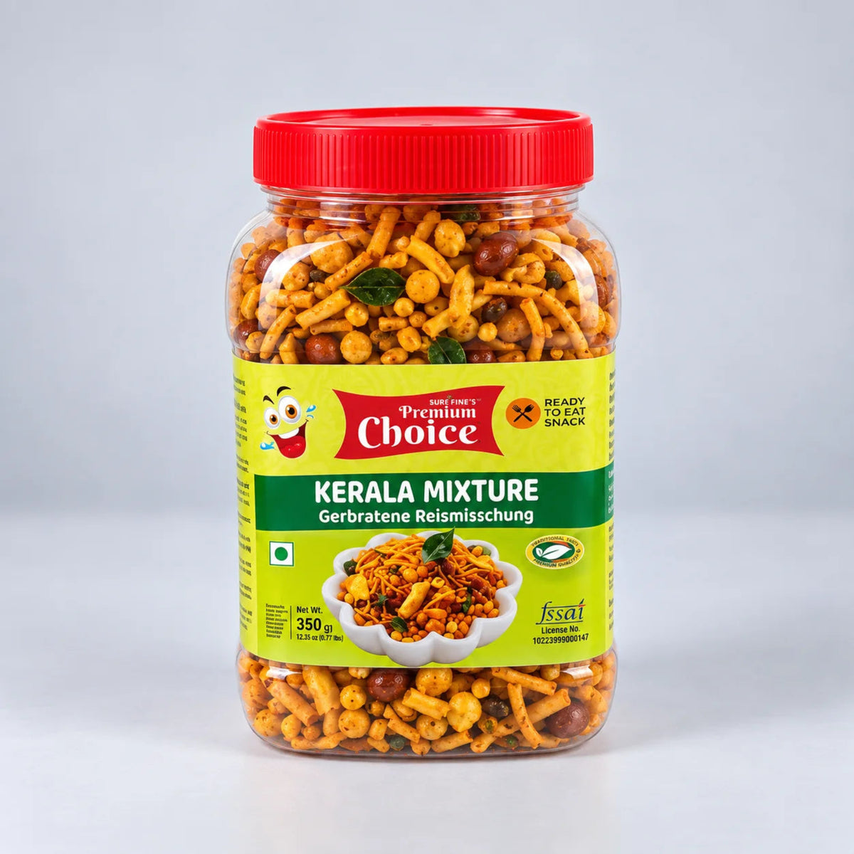 A jar of Kerala Mixture ready snack by Brand Choice, featuring a red lid and a green and yellow label, set against a light gray background.