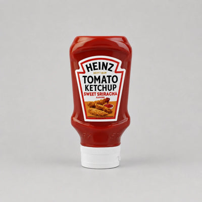 A squeeze bottle of Heinz Tomato Ketchup Sweet Skiracha, featuring its signature red plastic bottle and white cap, centered on a light gray background.