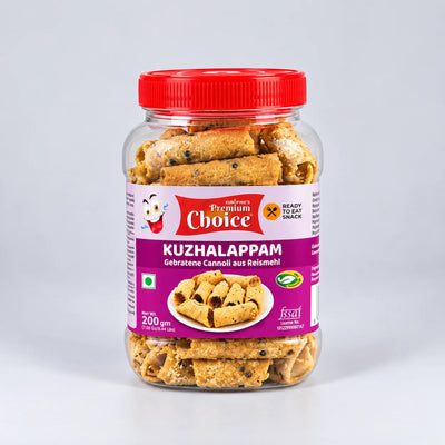 A jar of Kuzhalappam (sweet rolled rice snacks) by BabyJee's Premium Choice, featuring a red lid and a purple and red label, set against a light gray background.