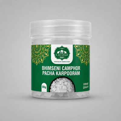 Jar of Bhimseni Camphor Pacha Karpooram with a green label on a gray background