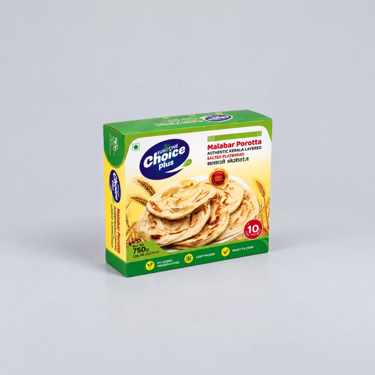 A box of Choice Plus Malabar Porotta (750g) on a light gray background. The packaging is green and yellow with a photo of the cooked flatbread on the front.