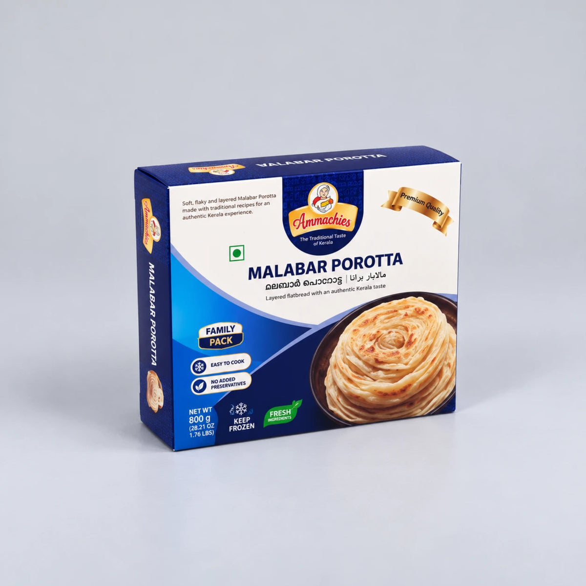 A box of Annachies Malabar Porotta, a family pack of layered paratha bread, shown on a light gray background.