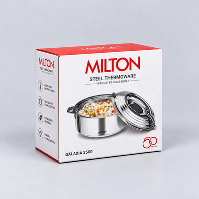 Milton Steel Thermoware insulated casserole box in red, white, and silver packaging, featuring a photo of the stainless steel pot with glass lid on the front.