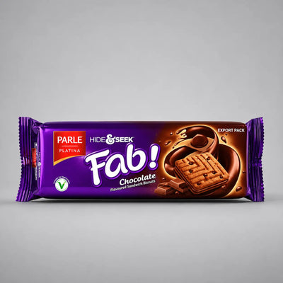 Purple package of Parle Fab! chocolate cookies on a gray background