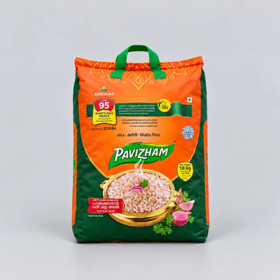 A 10 kg bag of Pavizham Arrikar Matti Reis rice, featuring an orange and green packaging design with a bowl of cooked rice on the front.