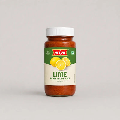Jar of Priya Lime Pickle in Lime Juice on a light gray background