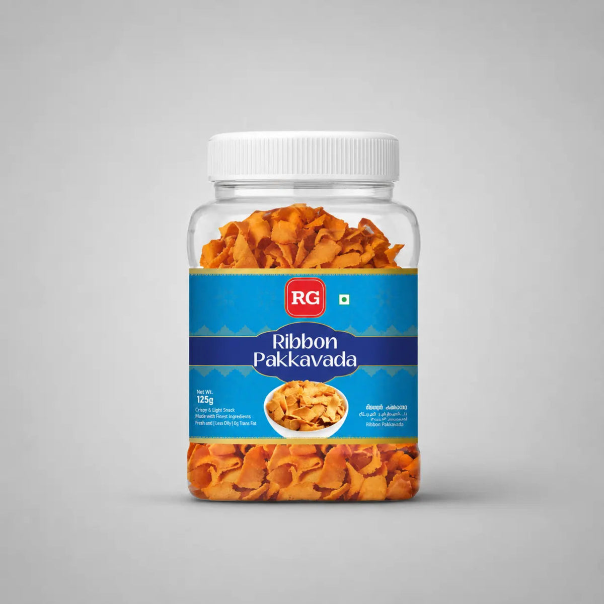 Jar of Ribbon Pakkavada with RG logo on a gray background