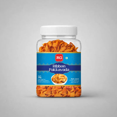 Jar of Ribbon Pakkavada with RG logo on a gray background