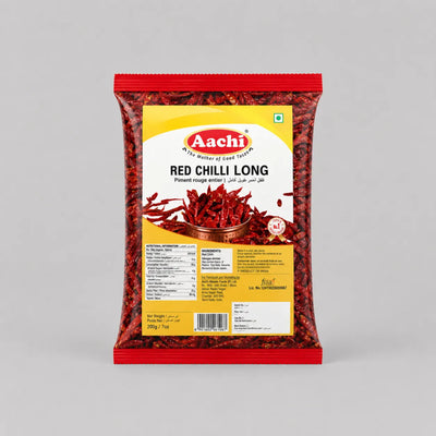 A 200g bag of Aachi Red Chilli Long flavored pepper powder, featuring a yellow and red label with an image of dried red chilies, set against a plain gray background.