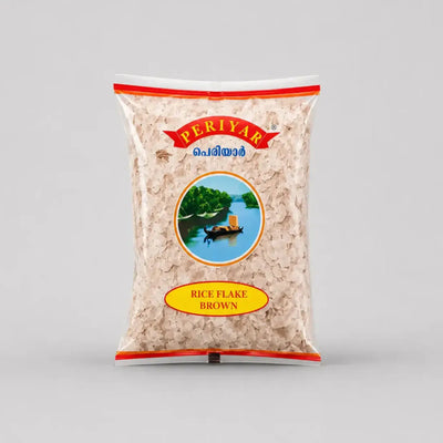 Periyar brand rice flake brown package on a gray background