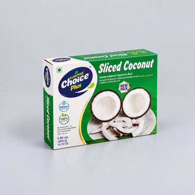 A box of Sunshine Choice Plus Sliced Coconut (Gulia/Kala Namak) on a light gray background. The packaging is green and white with an illustration of sliced coconuts on a plate.
