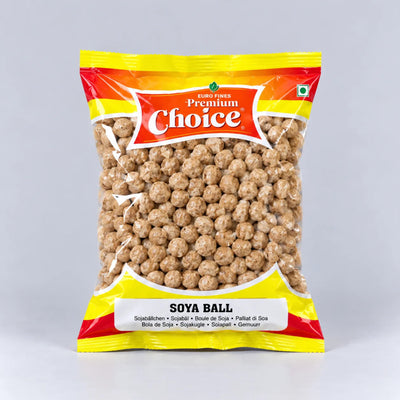 A bag of Euro Food Premium Choice Soya Ball snack, showing the light brown textured soy balls through a clear window in a yellow and red packaging, set against a neutral gray background.