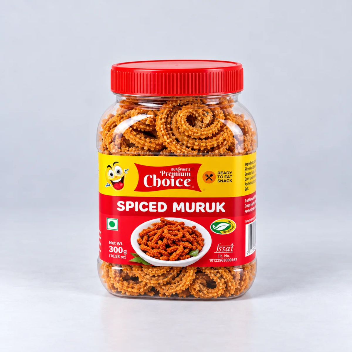 A 300g jar of Issat Premium Choice Spiced Muruk, featuring golden-brown spiral snacks inside a clear plastic container with a red lid and a red and yellow label.