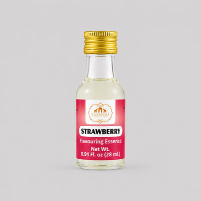 A small glass bottle of Farsisan Strawberry Flavouring Essence with a gold cap and a pink label, centered on a light gray background.
