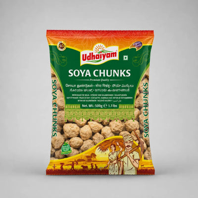 Packaged soya chunks with Udhayam branding on a gray background