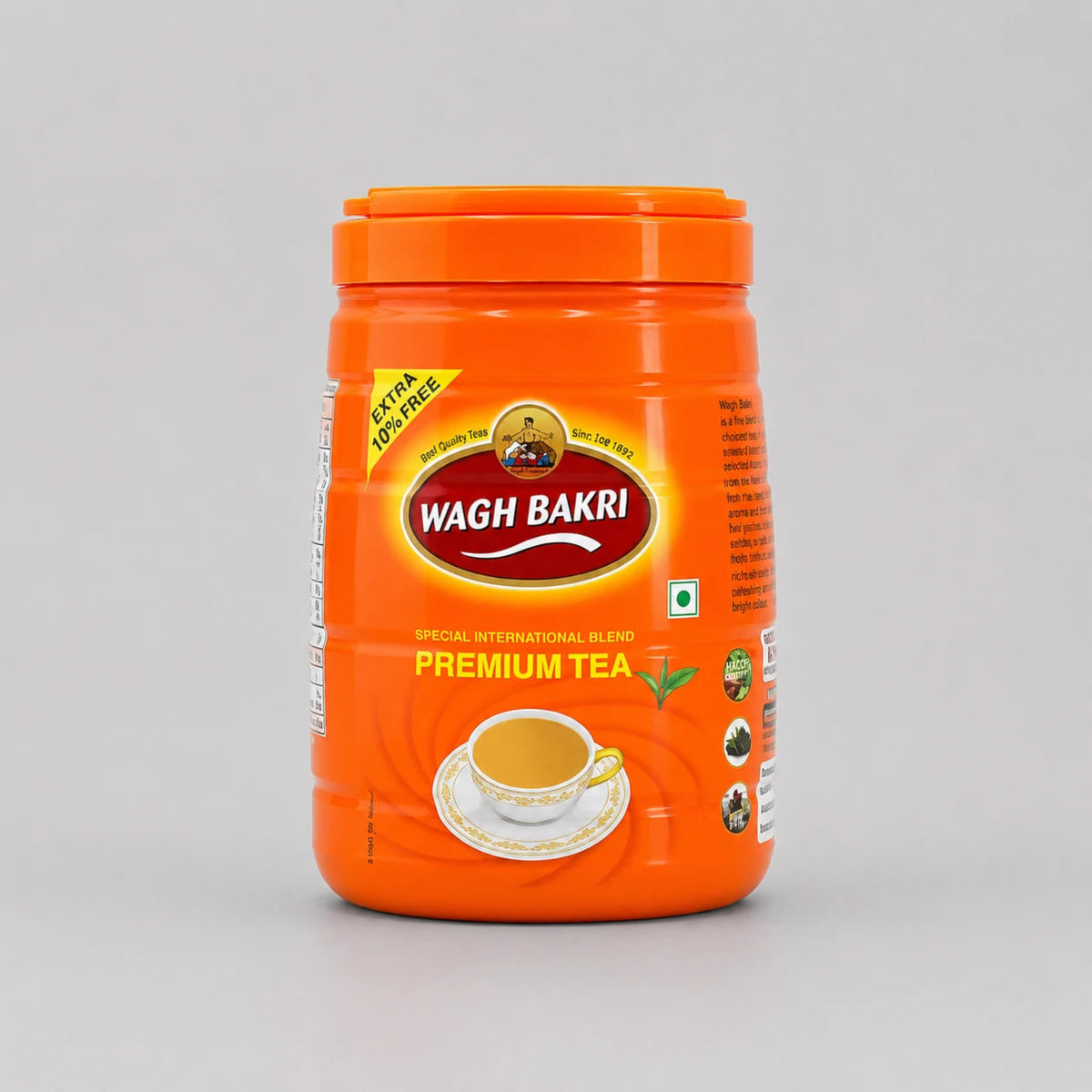 A bright orange plastic jar of Wagh Bakri Premium Tea on a light gray background.