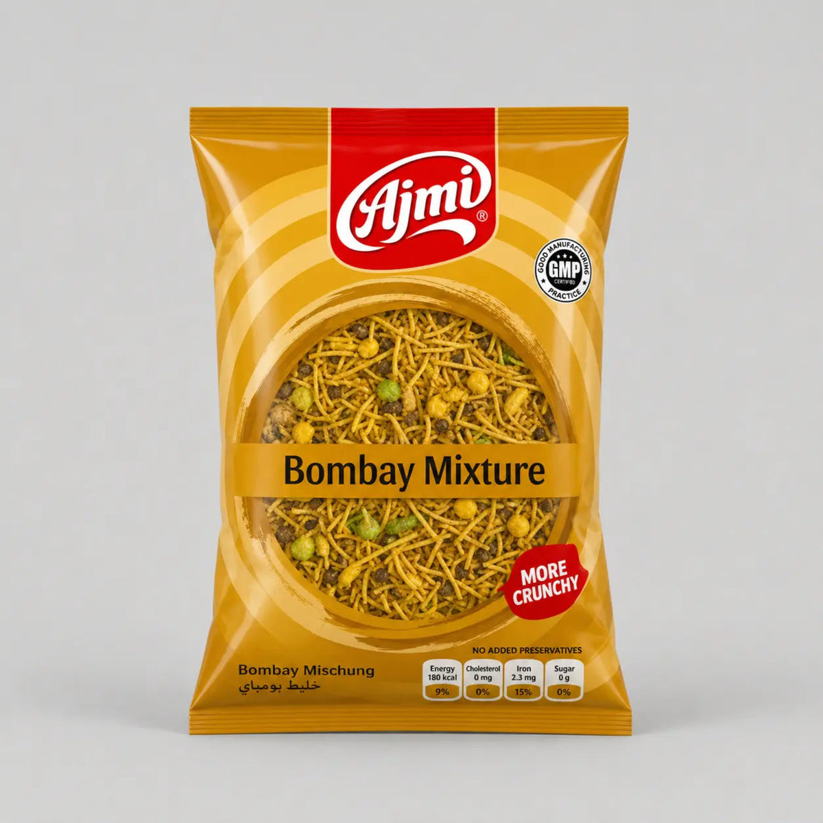 A package of Ajmi Bombay Mixture, featuring a golden-yellow bag with a red Ajmi logo and a clear window showing the yellow and green spice blend inside.
