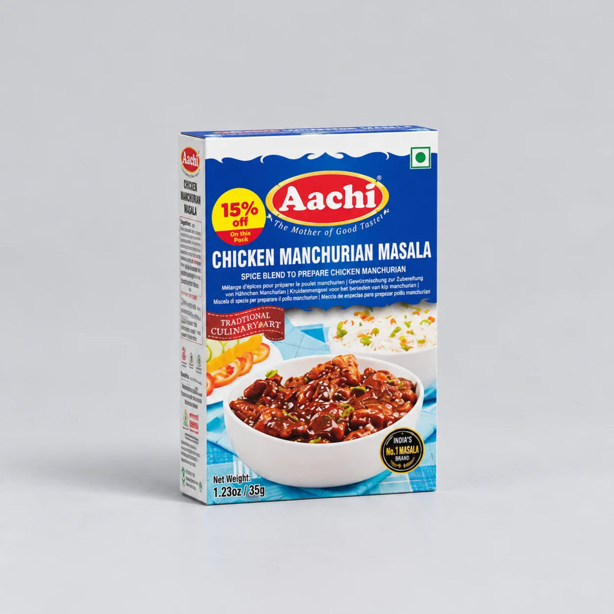 A box of Aachi Chicken Manchurian Masala spice blend, featuring a blue and white design with a bowl of prepared food on the front, set against a neutral gray background.