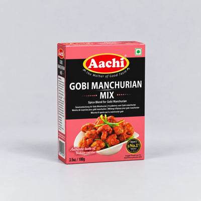 A 3.5cl box of Aachi Gobi Manchurian Mix spice blend, featuring a red and black packaging design with a photo of prepared food on a white background.