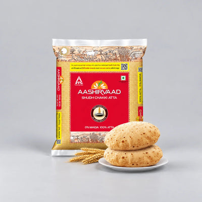 A bag of Aashirvaad Shujji Chaki Atta flour stands on a light gray studio background next to two round flatbreads stacked on a small white plate with a few wheat stalks. The packaging is primarily red and beige with yellow accents.